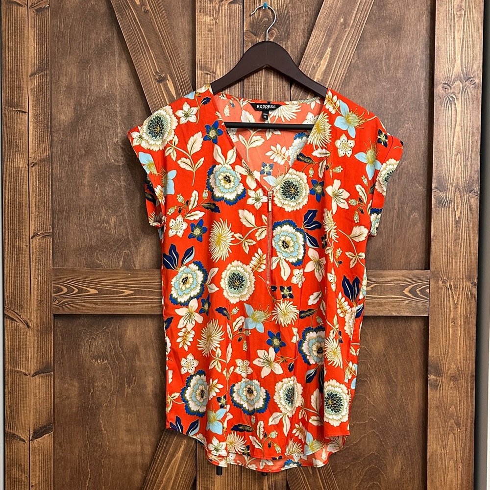 Express Bright Orange Floral Zip-Front Cap-Sleeve Blouse
